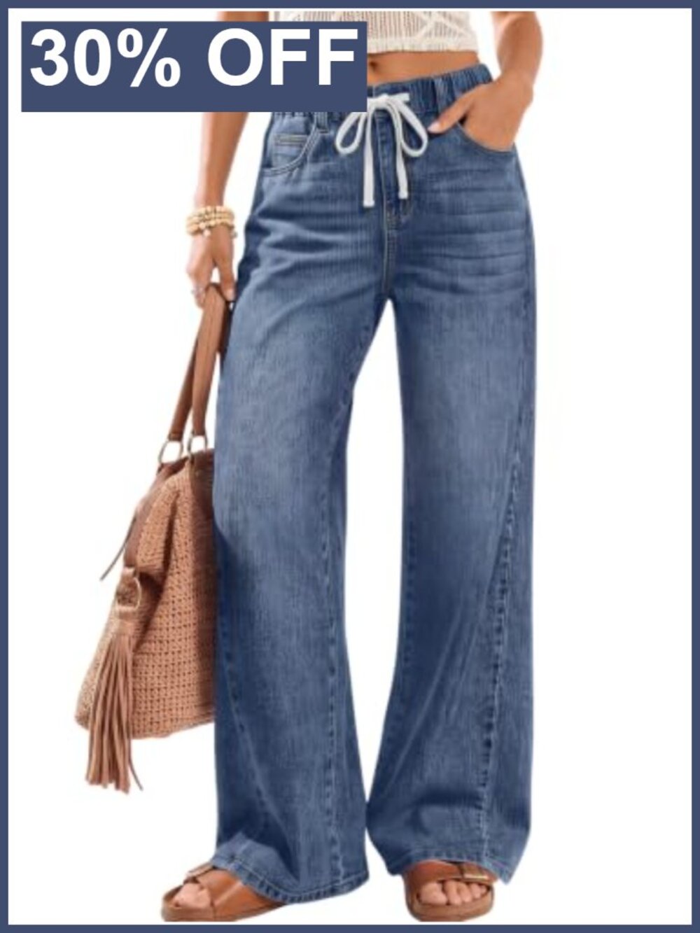 High Waisted Wide Leg Baggy Jeans Elastic Waist Pull On Denim Pants